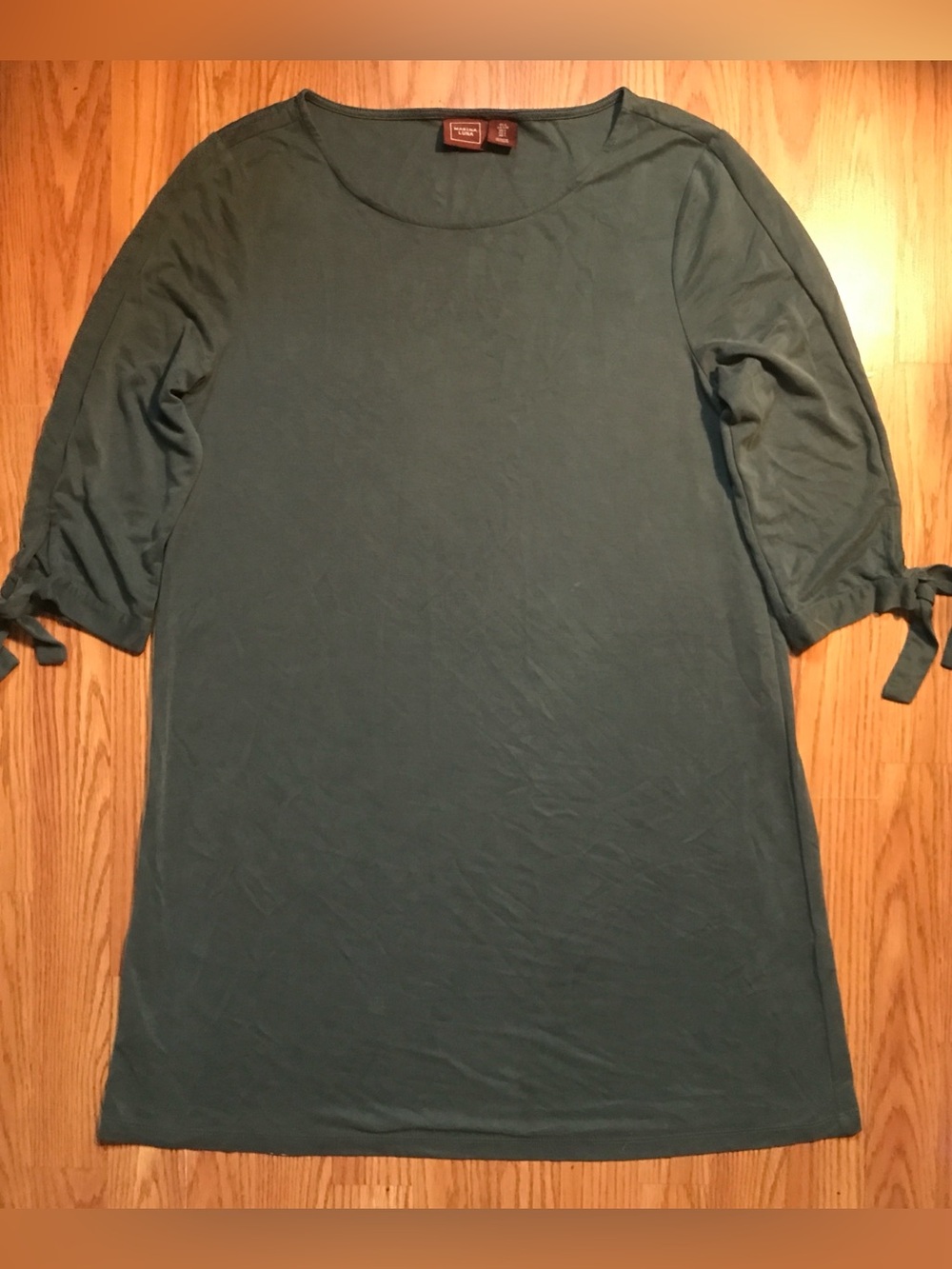 Marina Luna Lightweight Casual knit Dress Slate Green 3/4 sleeve tie cuff